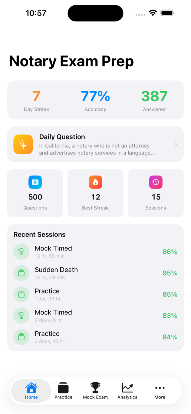 CertPrep app home screen showing study dashboard