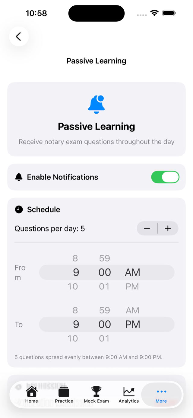 Passive learning notification settings