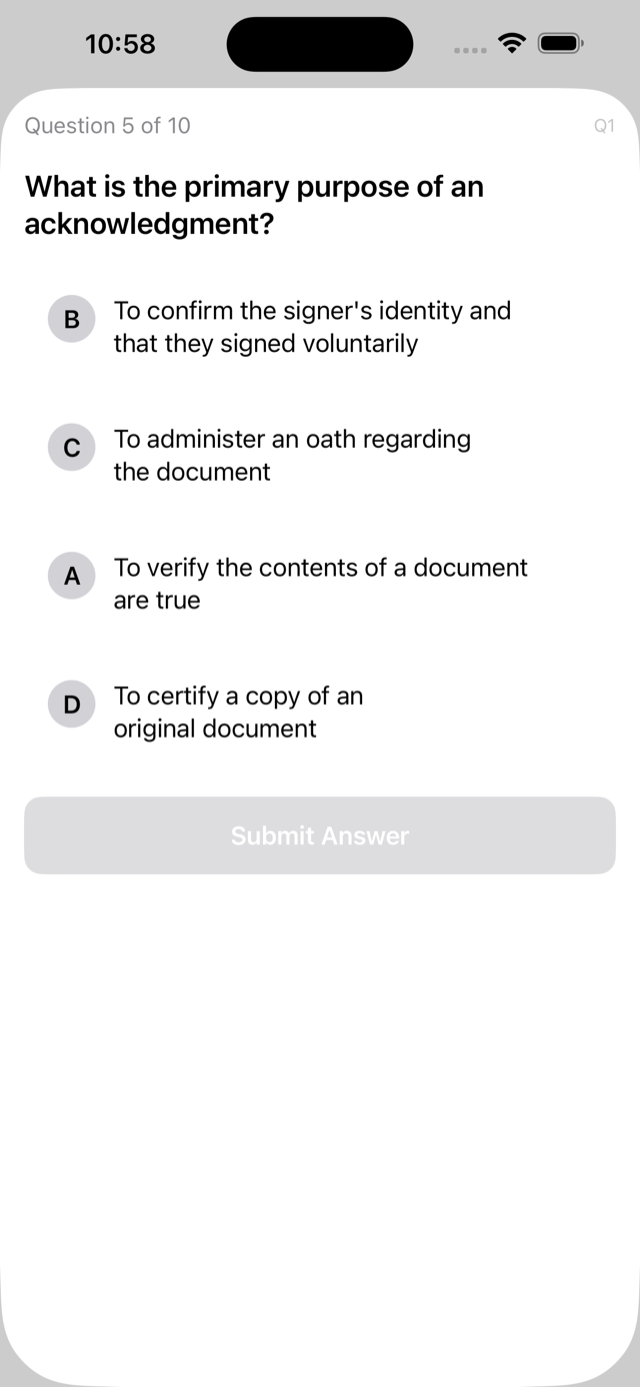 Question screen with detailed statute explanation